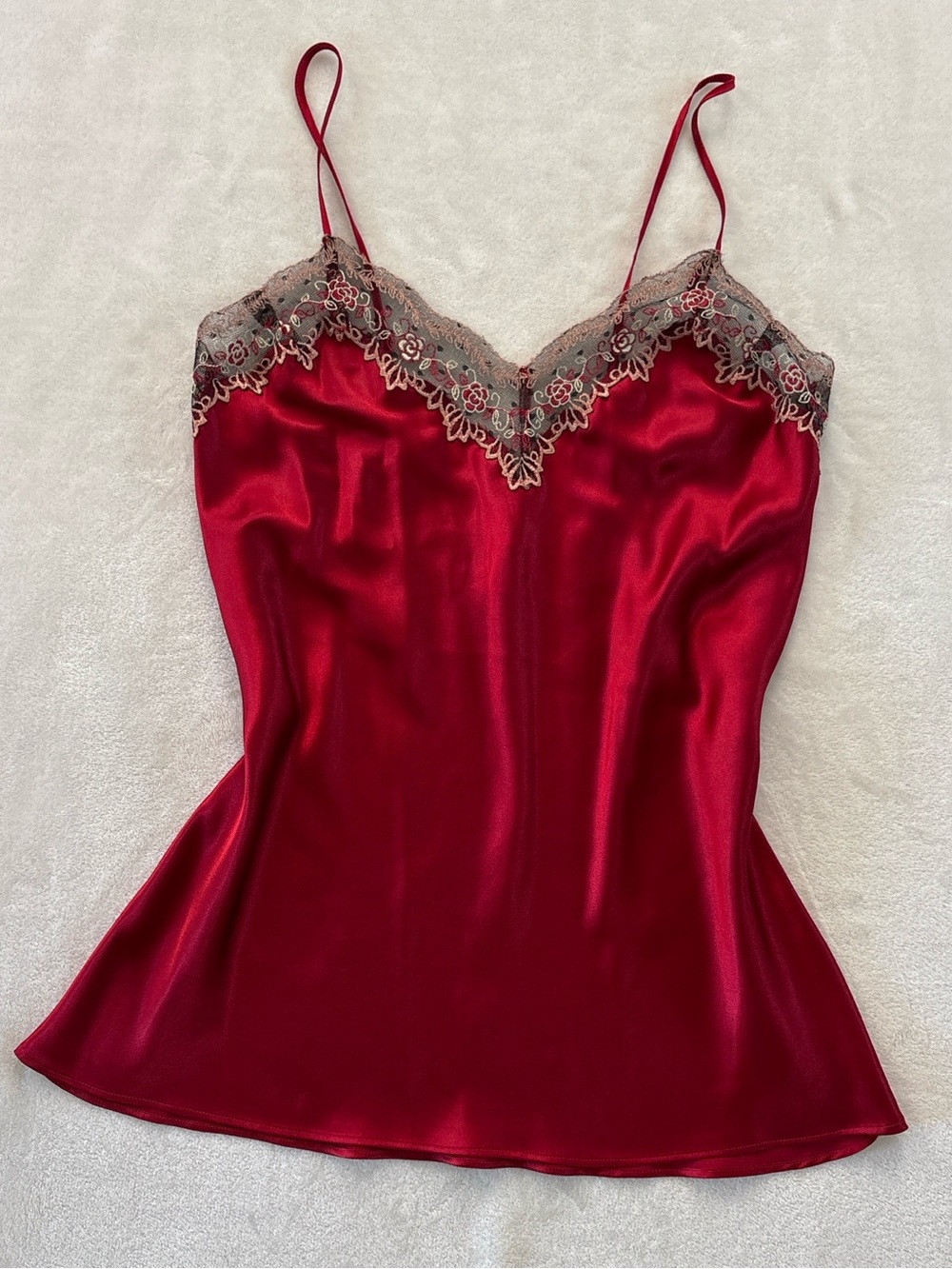 Vintage Y2K Valerie Stevens Red Lace Trim Lingerie Slip Dress Small